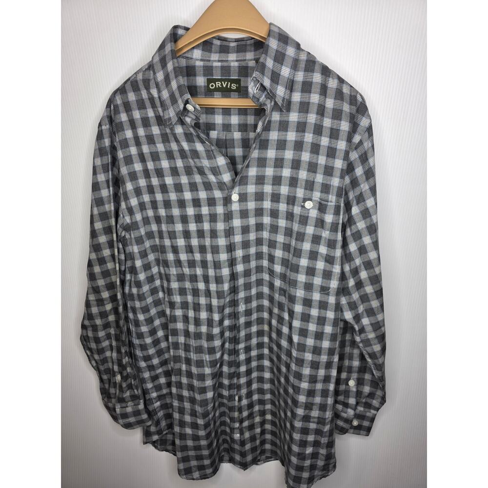 ​Orvis Size Medium Gray Plaid Long Sleeve Button Down Shirt 100% Cotton